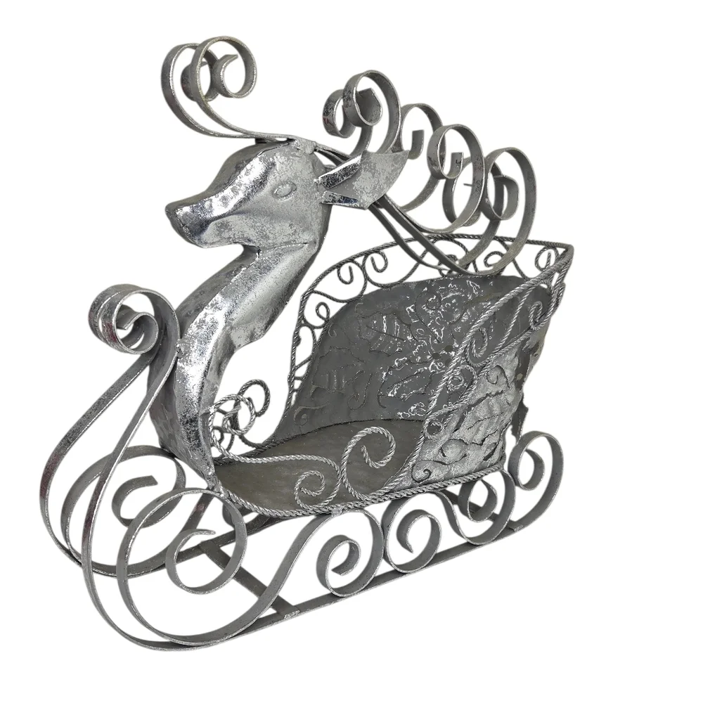 Silver Metal Reindeer Sleigh Christmas Holiday Decor‎ Centerpiece Vase Basket